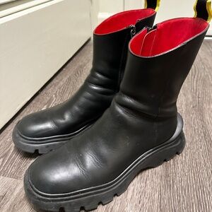 Ferrari Black Leather Zip Ankle Boots with Red Lining